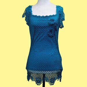 Y2K Crochet Top 3D Flowers Turquoise Blue Size M Boho Fairy